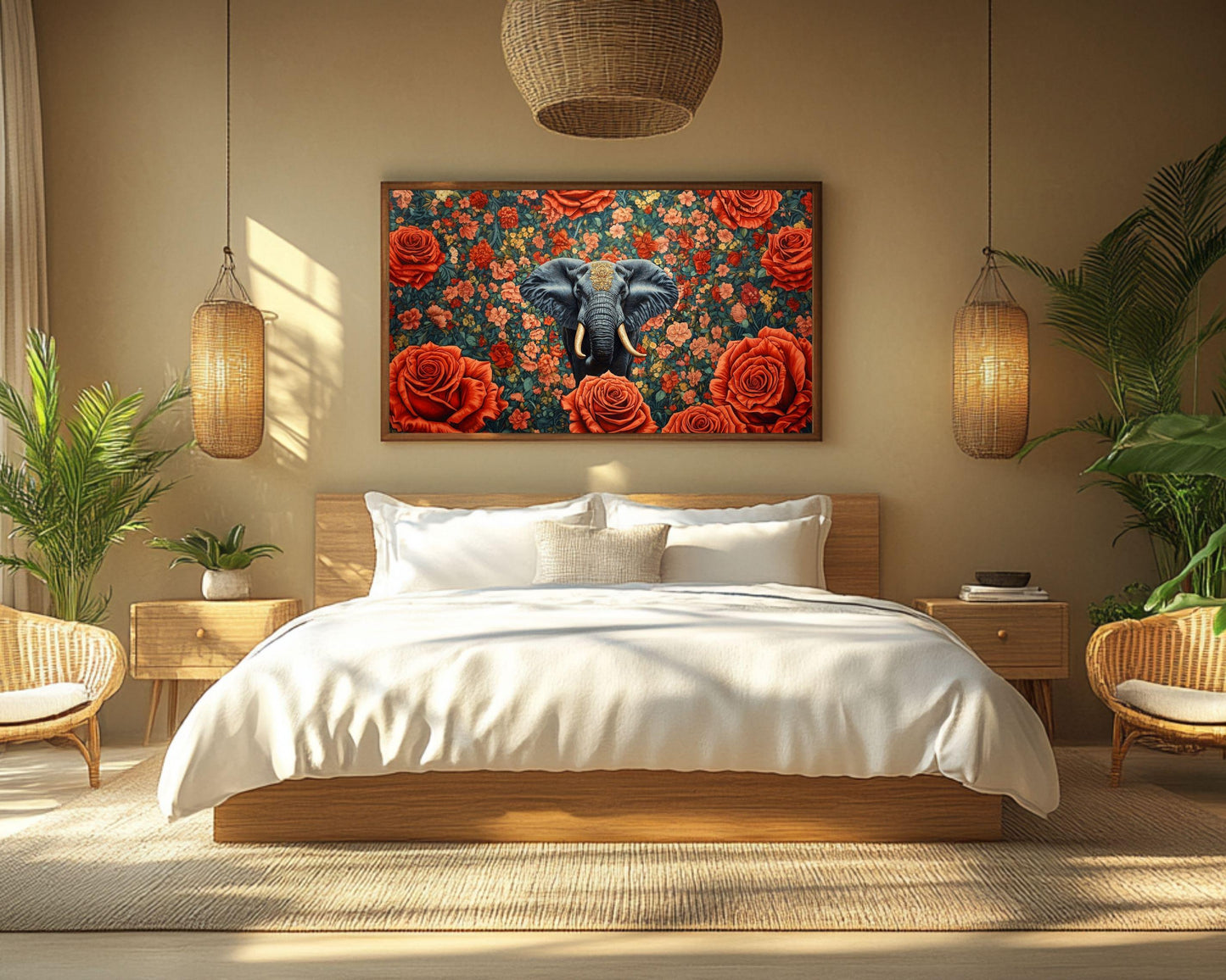 African Elephant Floral Black Wall Art African American Canvas Print