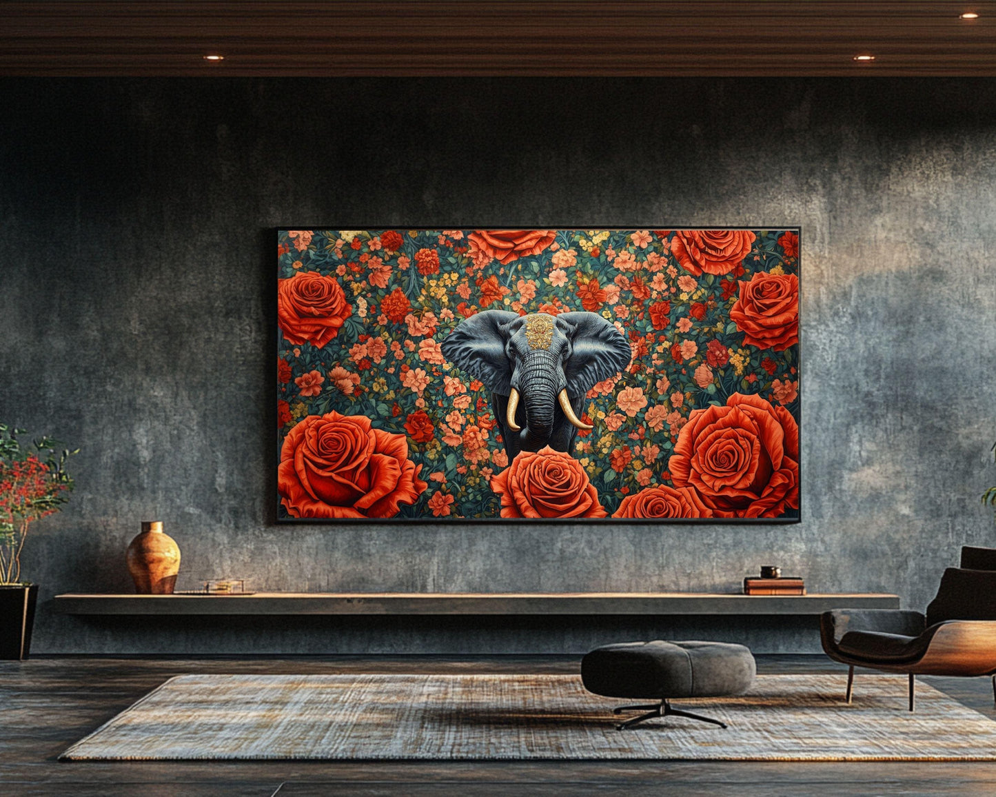 African Elephant Floral Black Wall Art African American Canvas Print