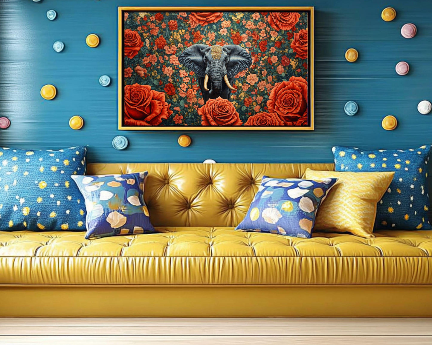 African Elephant Floral Black Wall Art African American Canvas Print