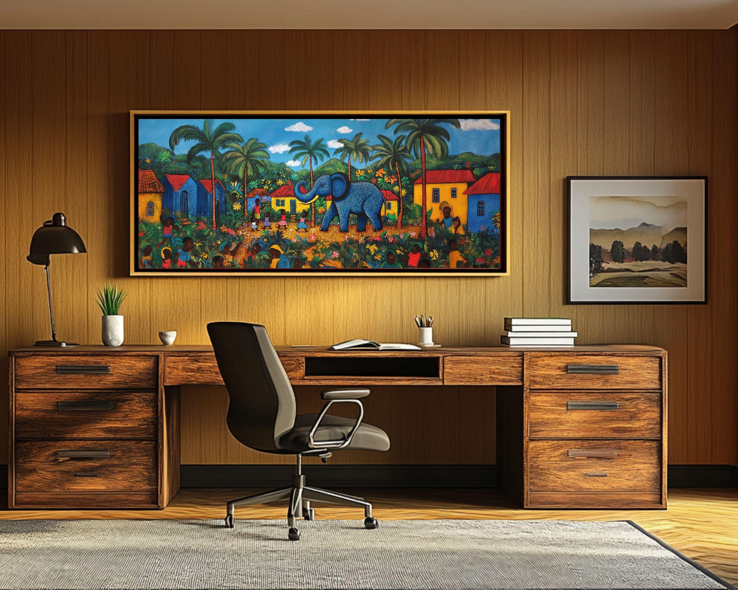 Blue Elephant Haitian Folk Art Black Wall Art Canvas Print