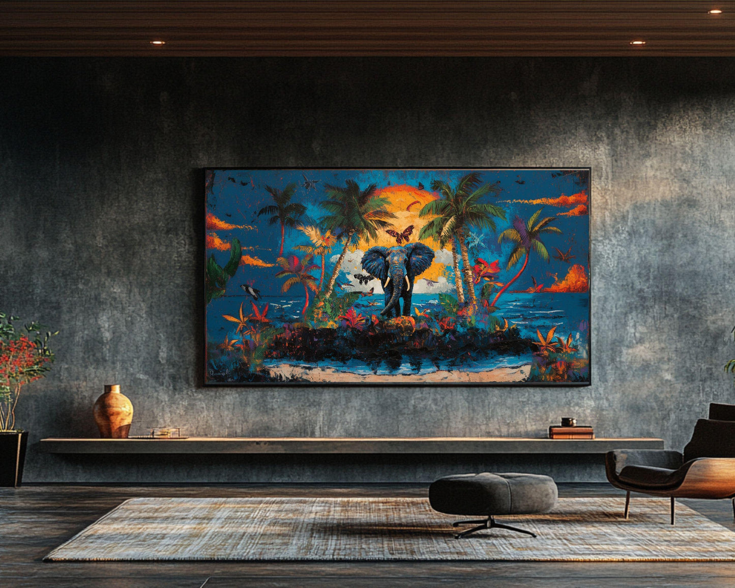 Elephant Tropical Sunset Black Art African American Wall Art Canvas