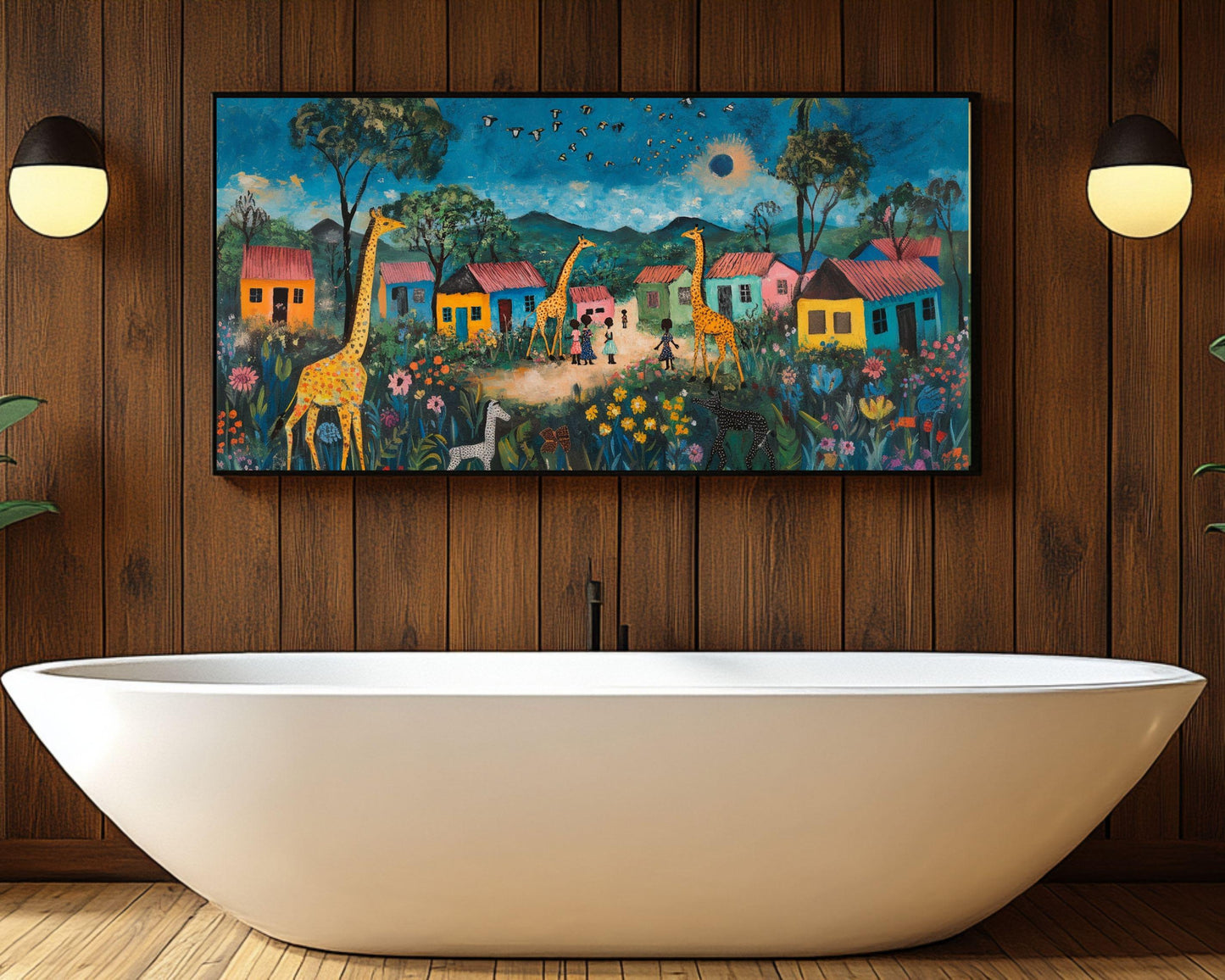 Giraffe Village African American Wall Art Black Folk Art Canvas Print
