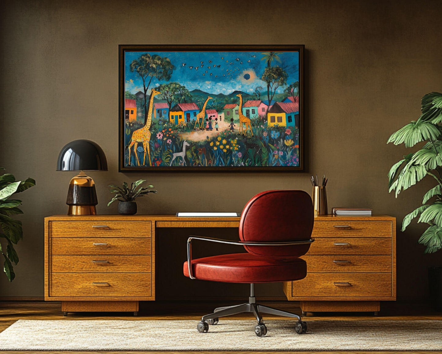 Giraffe Village African American Wall Art Black Folk Art Canvas Print