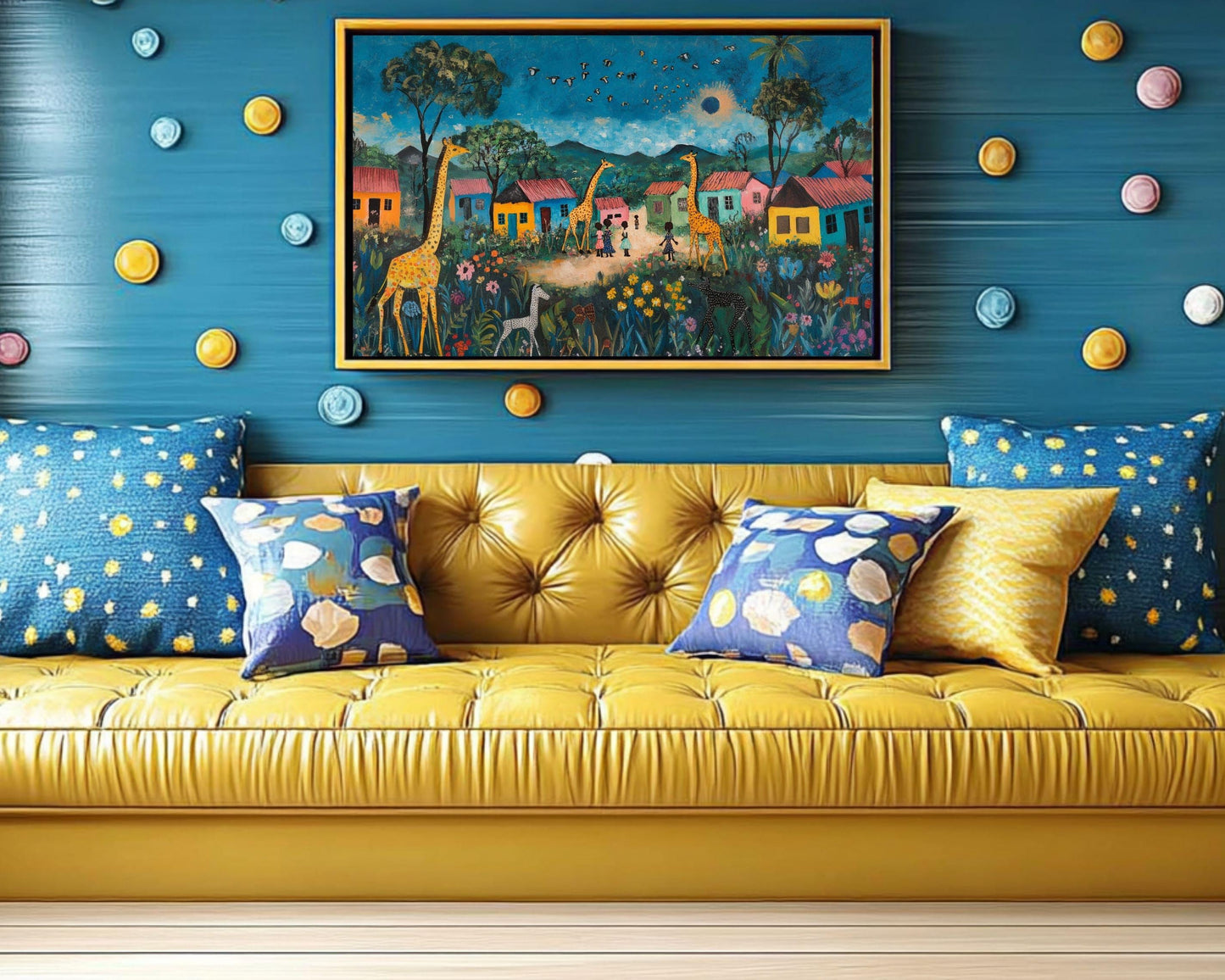 Giraffe Village African American Wall Art Black Folk Art Canvas Print