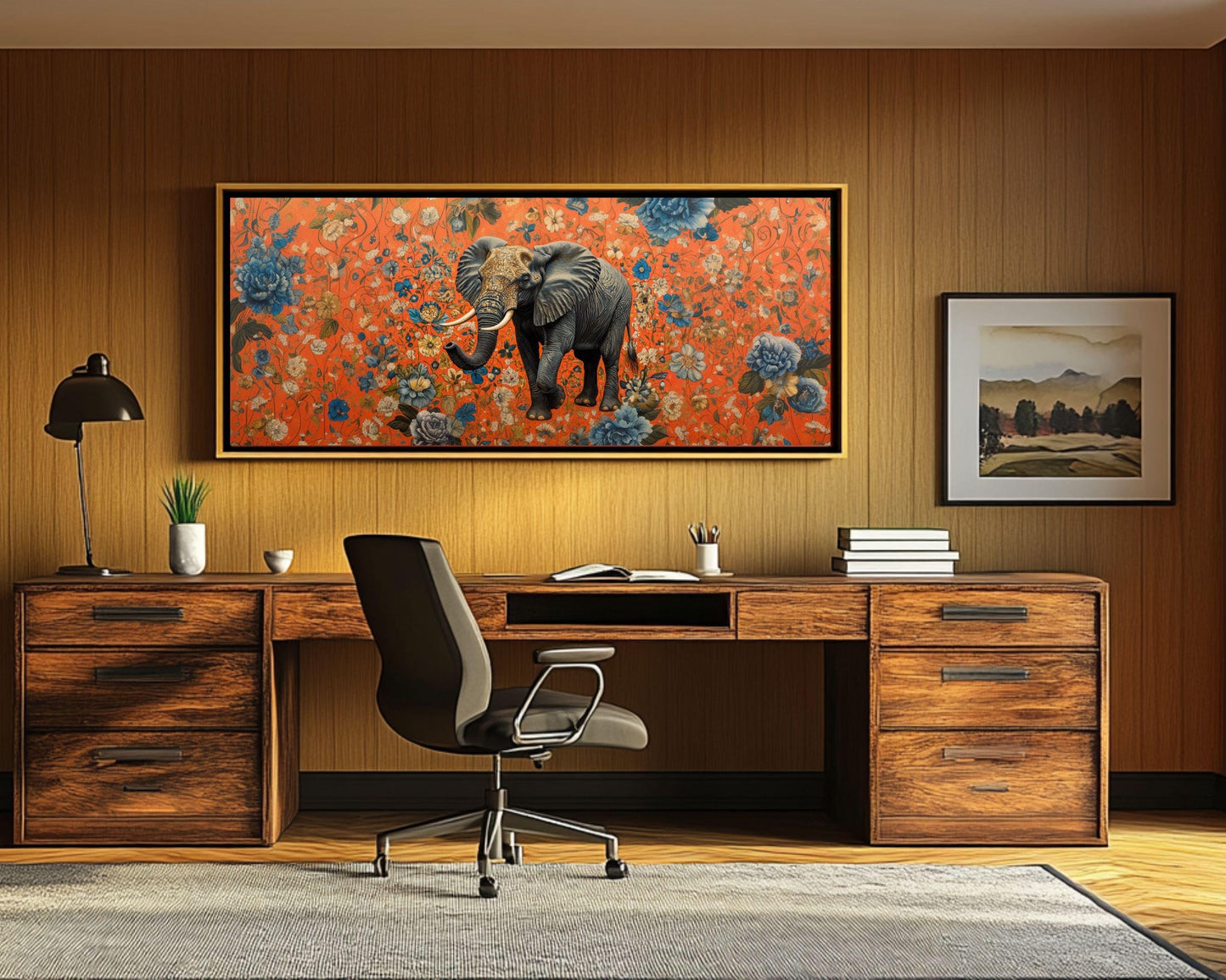 Majestic Elephant Black Wall Art with Vibrant Floral Background