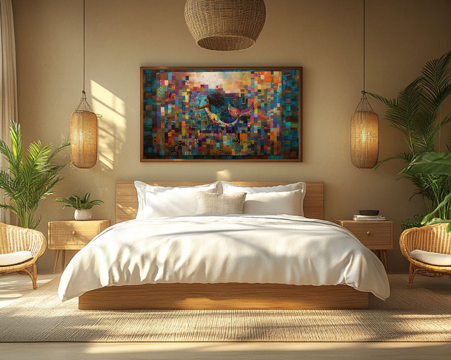Afrocentric Mermaid Black Art Canvas with Quilt Design