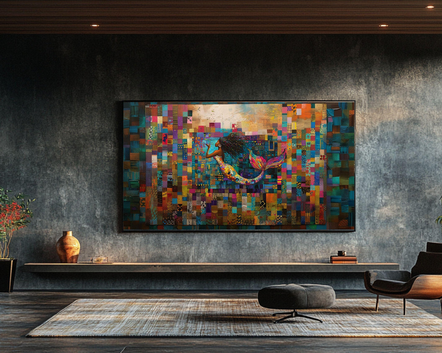 Afrocentric Mermaid Black Art Canvas with Quilt Design