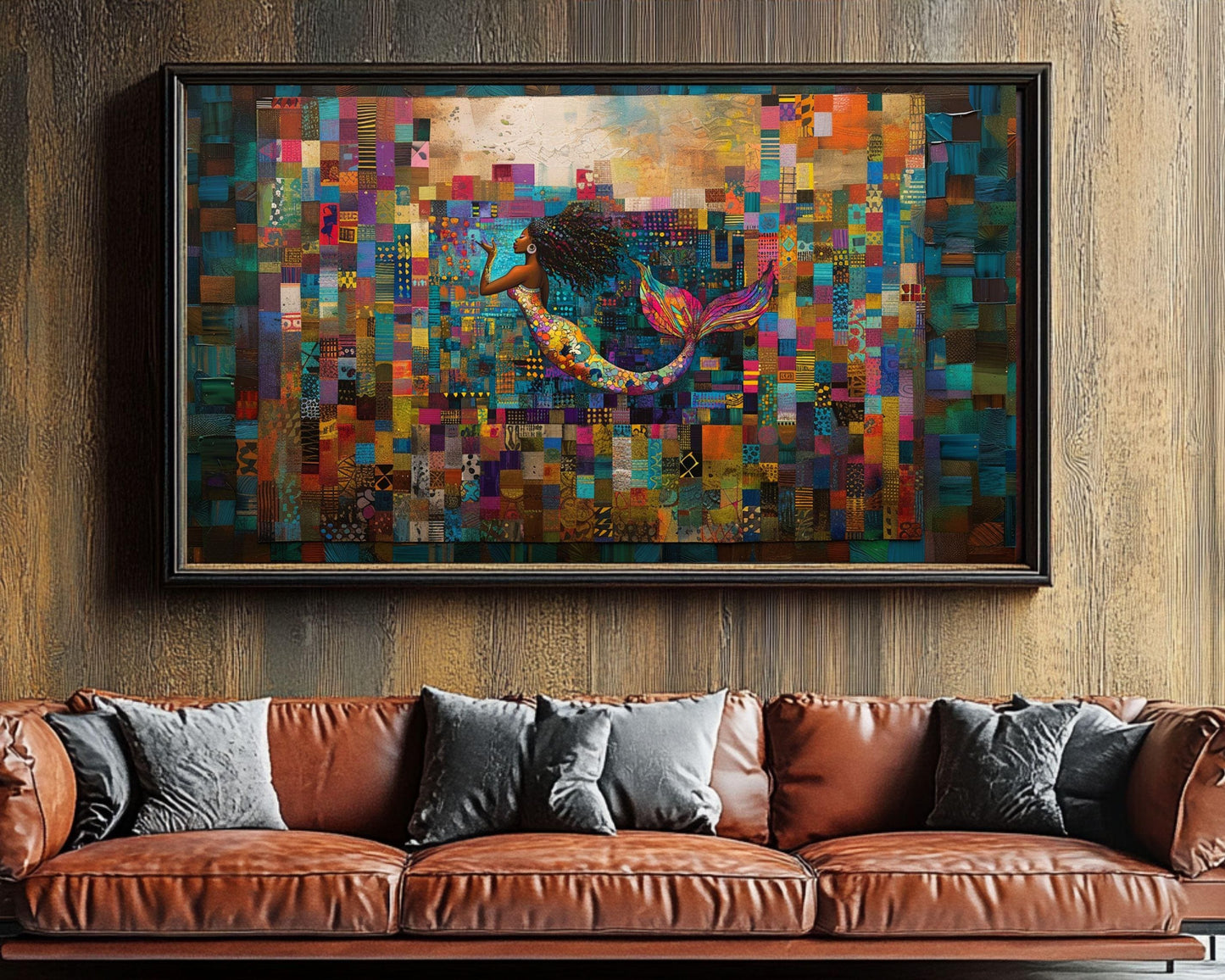 Afrocentric Mermaid Black Art Canvas with Quilt Design