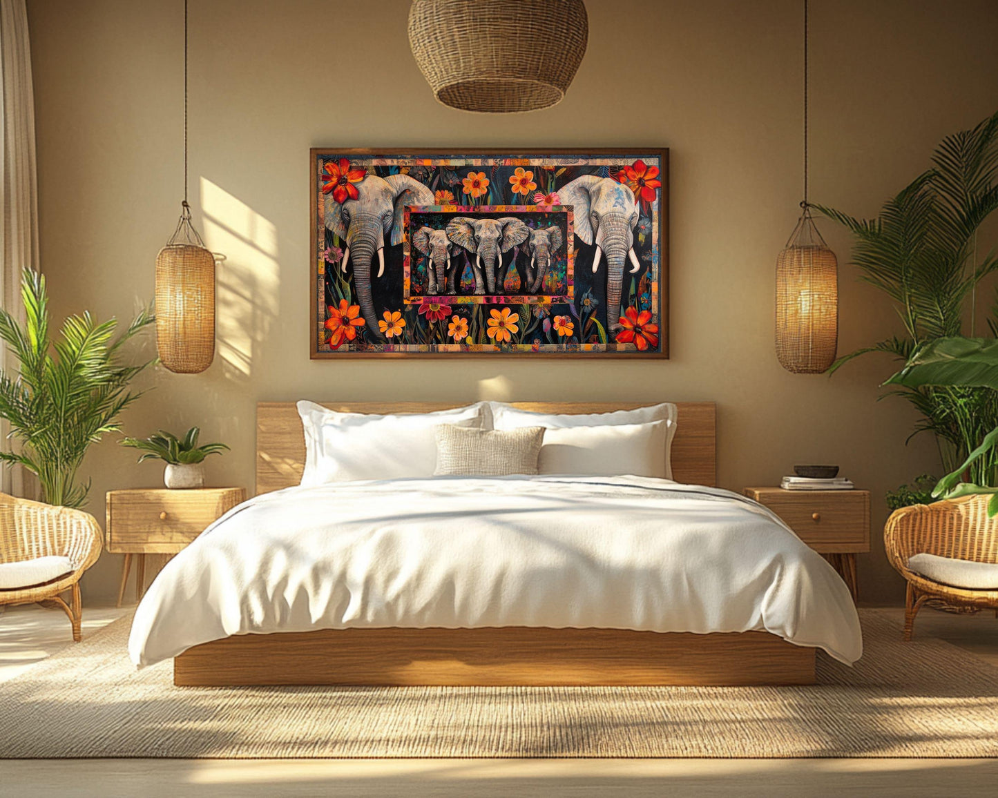 Elephants African American Floral Patchwork Canvas Art