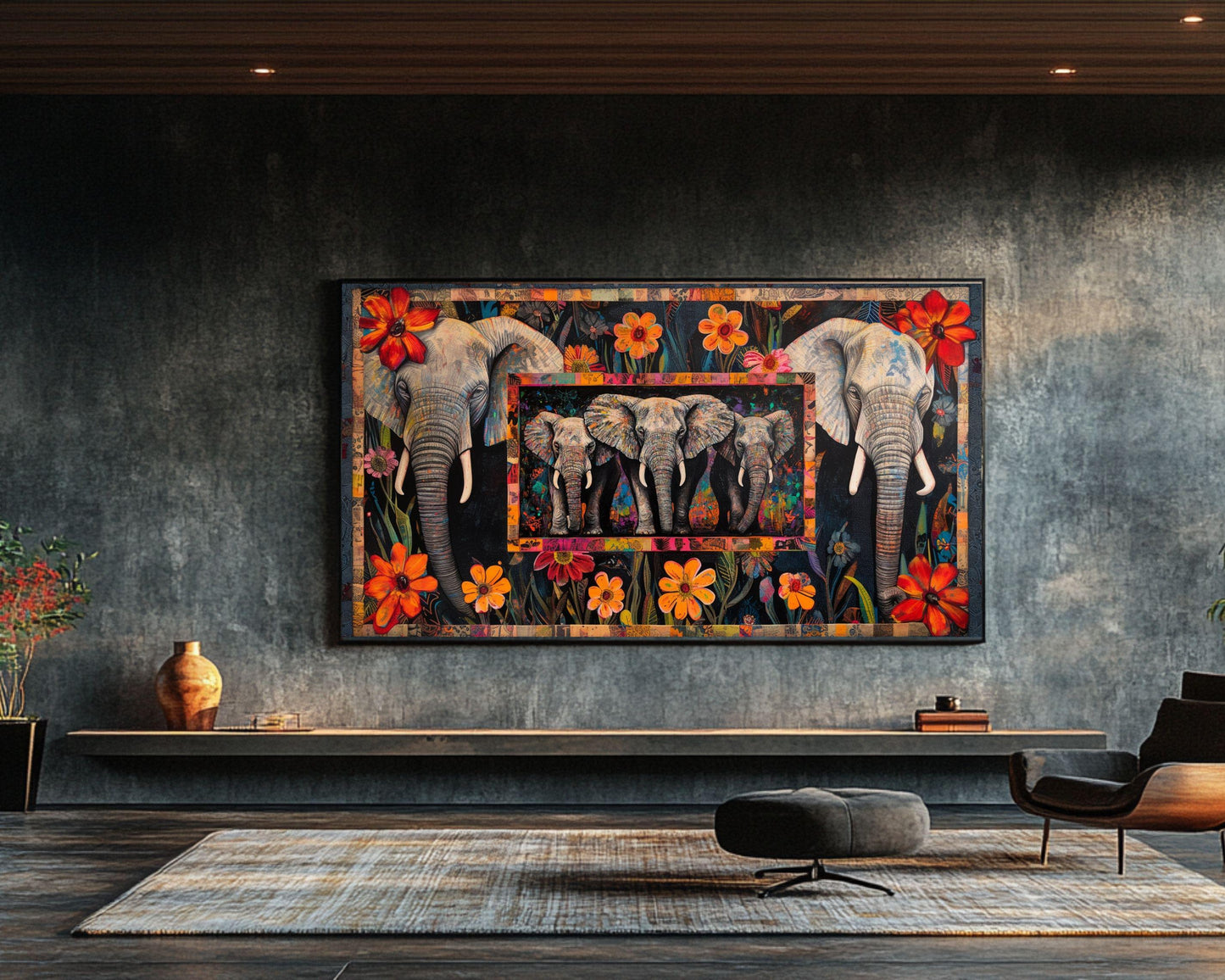 Elephants African American Floral Patchwork Canvas Art