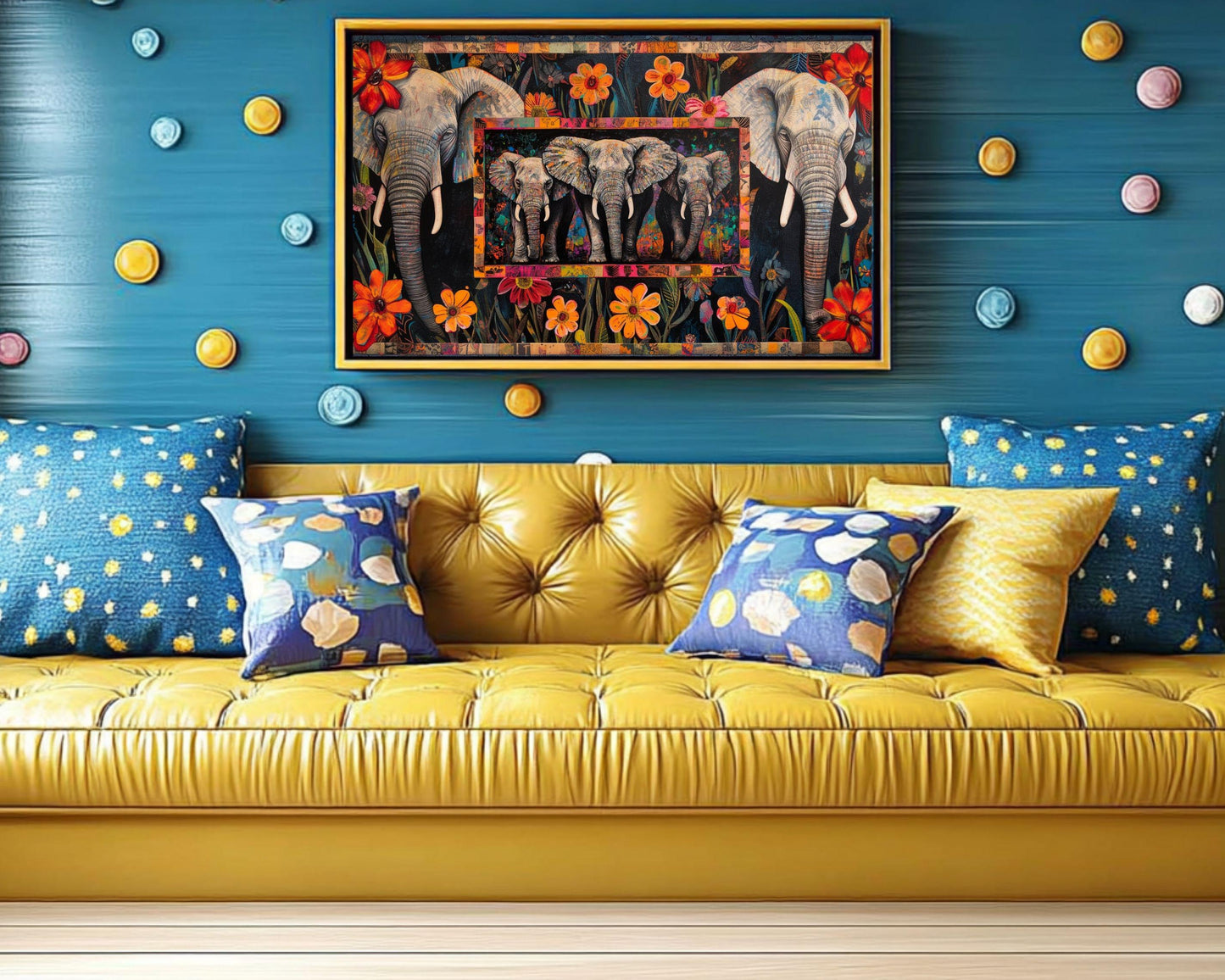 Elephants African American Floral Patchwork Canvas Art