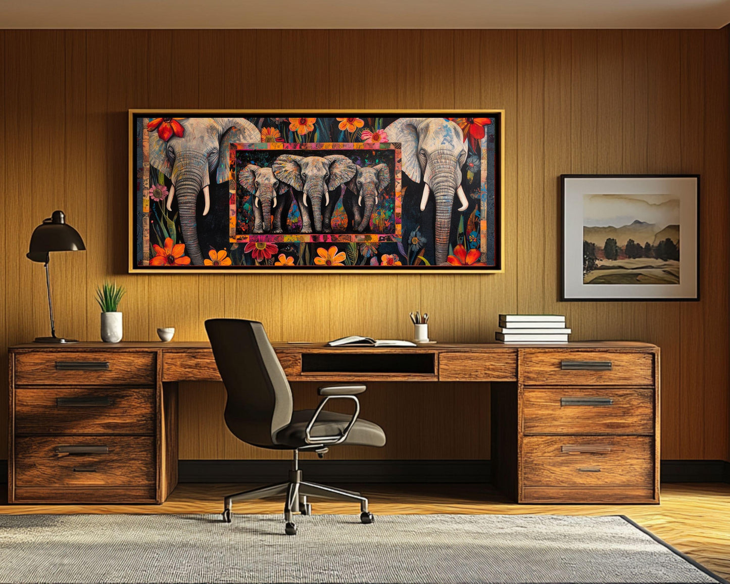 Elephants African American Floral Patchwork Canvas Art
