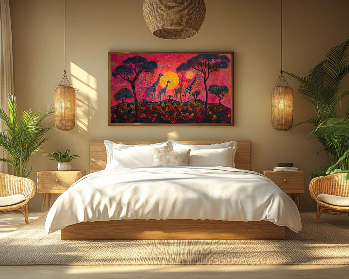 African American Giraffe Family Sunset Canvas Art Print