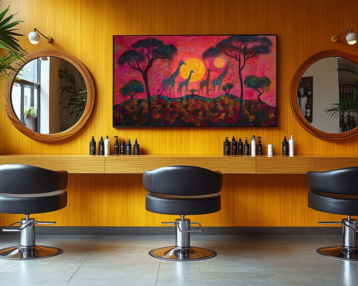 African American Giraffe Family Sunset Canvas Art Print