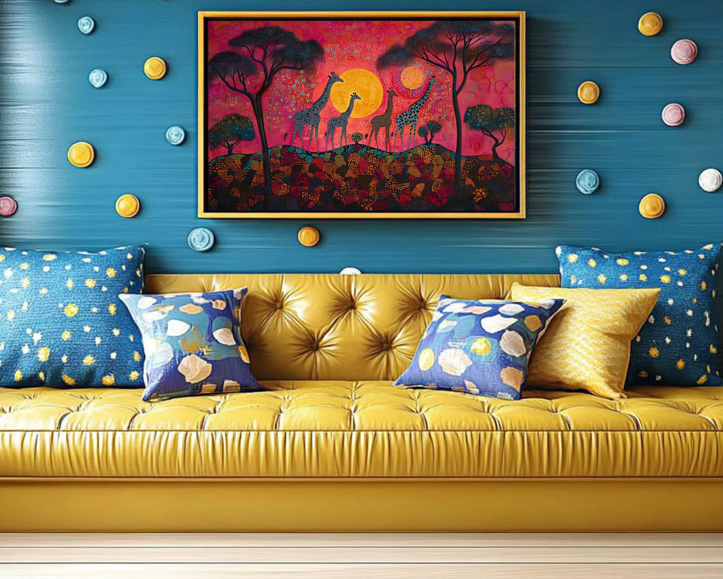 African American Giraffe Family Sunset Canvas Art Print