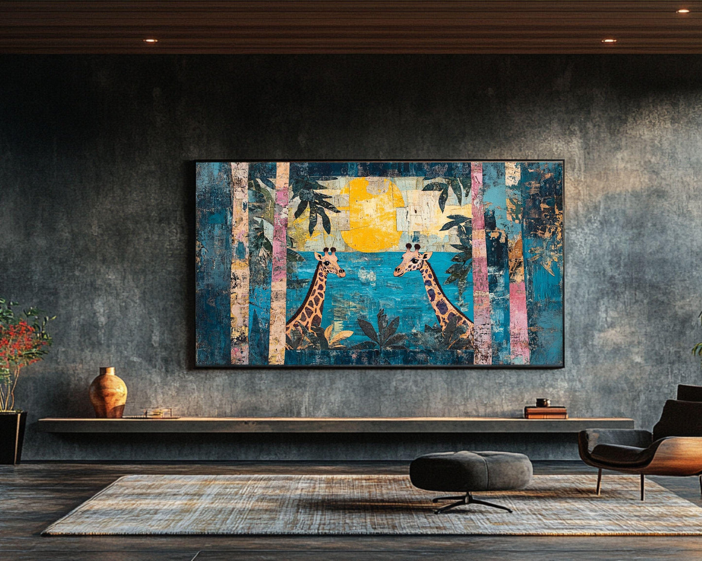 Giraffes and Sun African American Wall Art Canvas Print