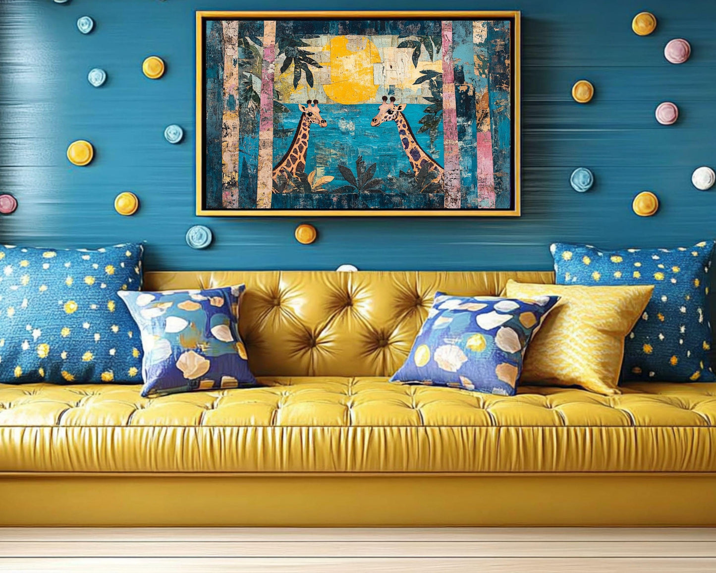 Giraffes and Sun African American Wall Art Canvas Print