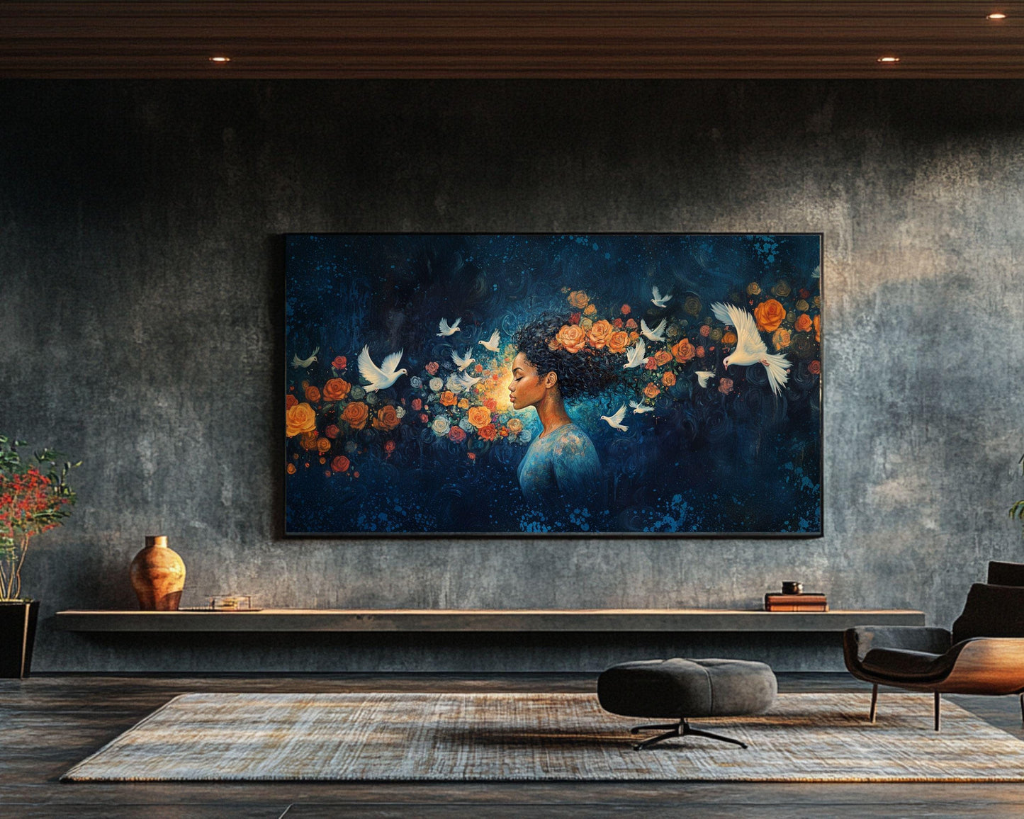Midnight Bloom Wall Art – Black Goddess Canvas with Doves