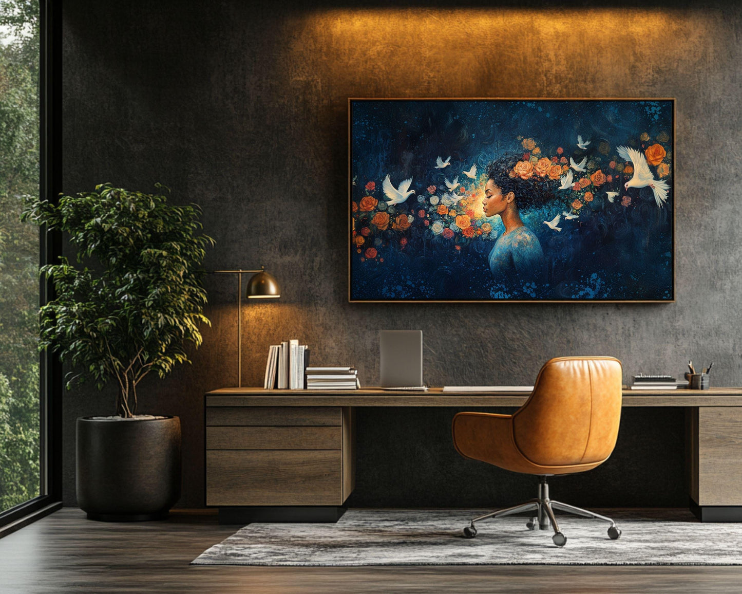 Midnight Bloom Wall Art – Black Goddess Canvas with Doves