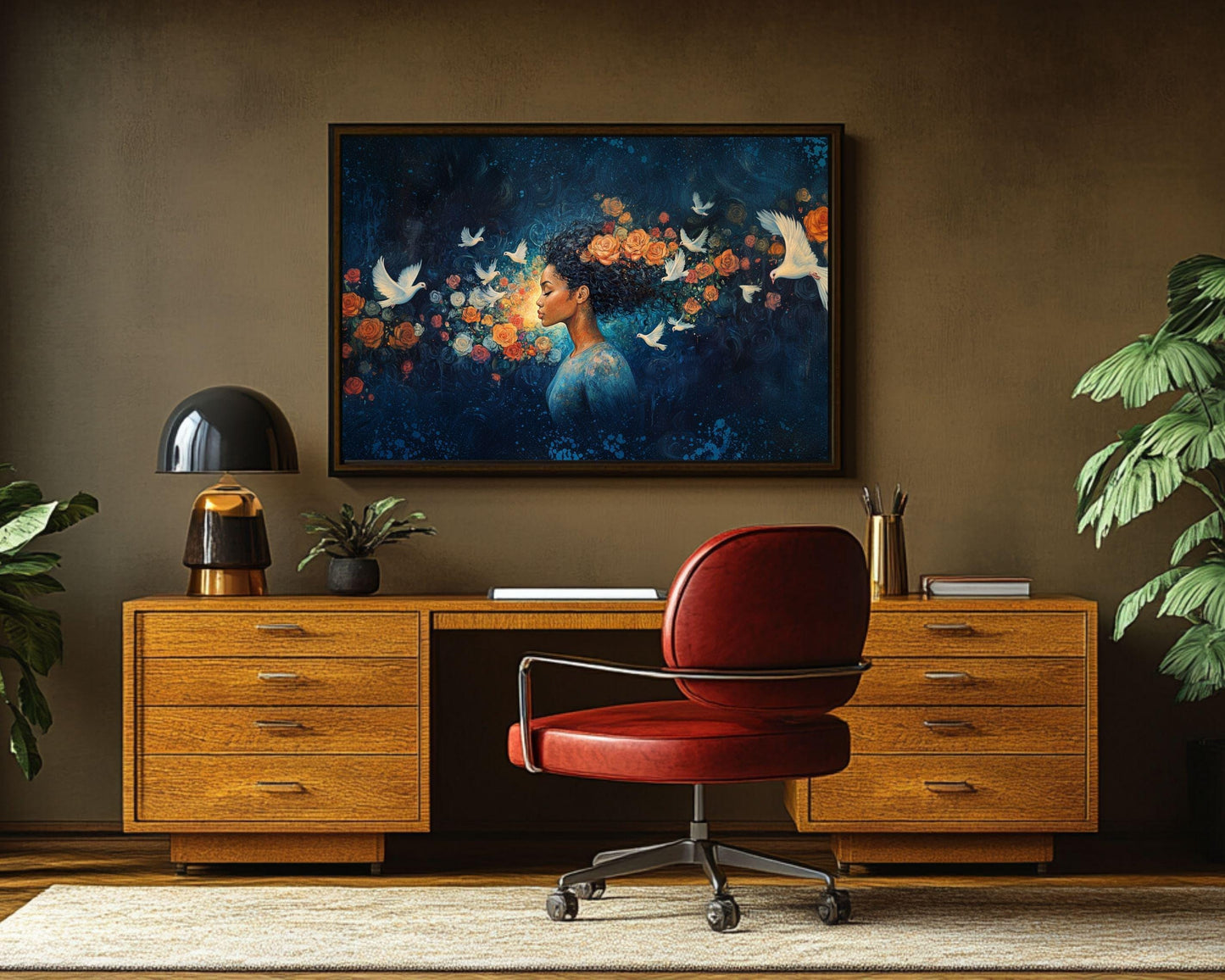 Midnight Bloom Wall Art – Black Goddess Canvas with Doves