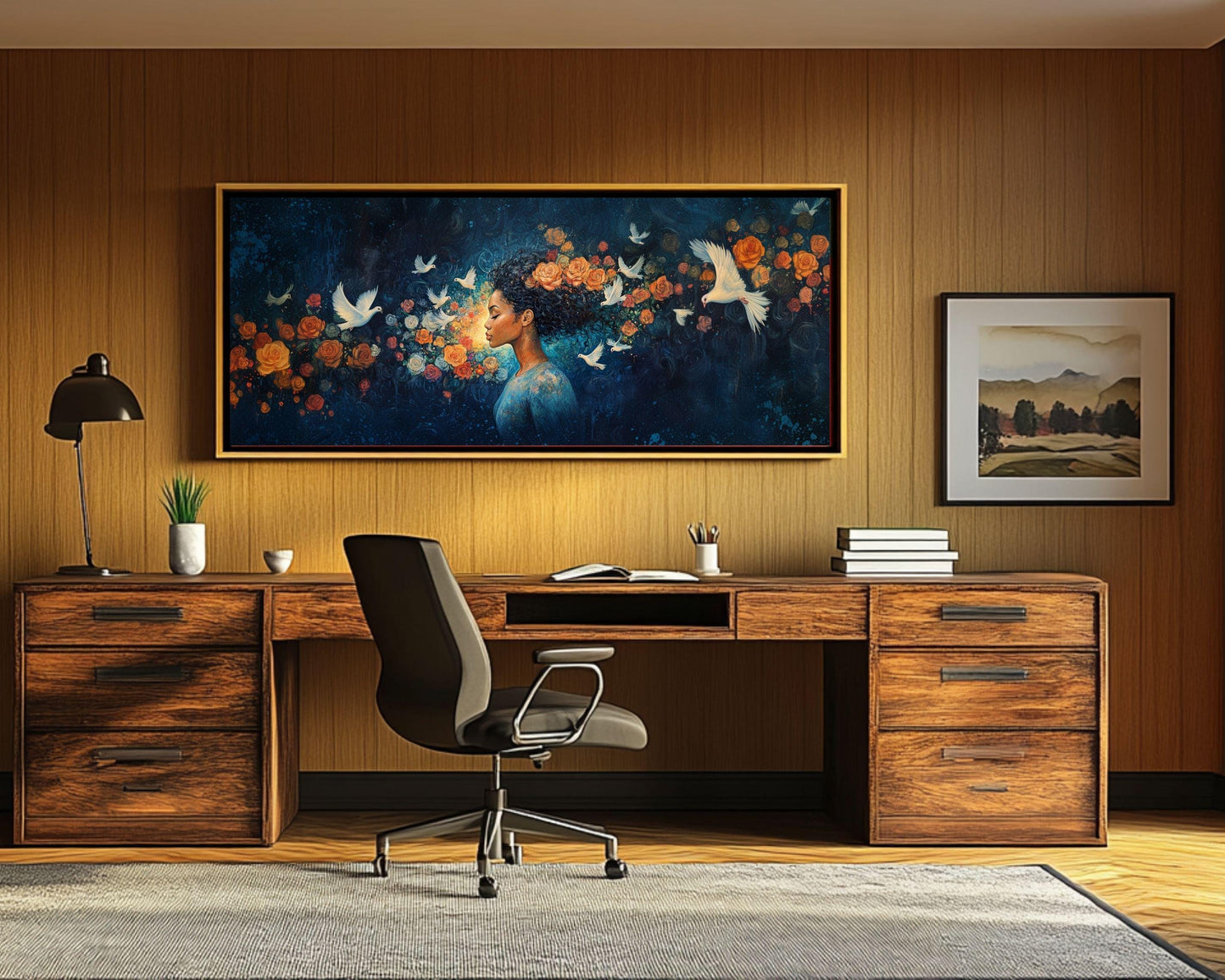 Midnight Bloom Wall Art – Black Goddess Canvas with Doves