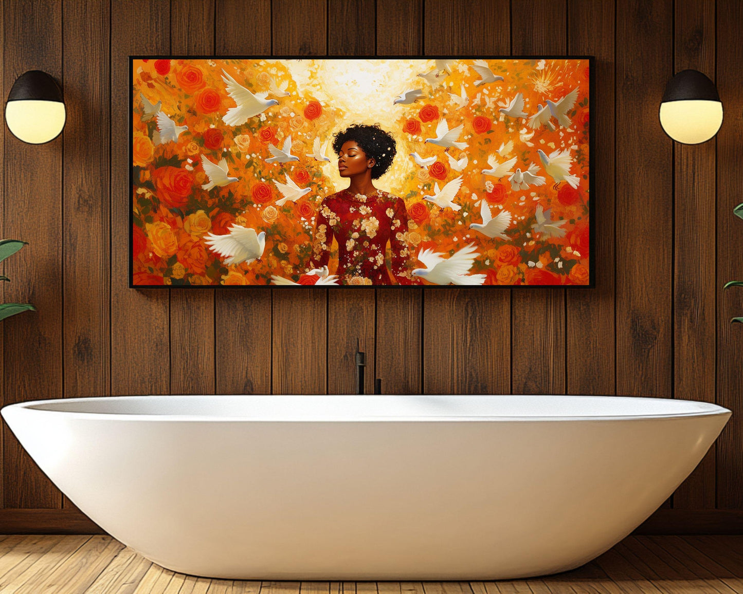 Golden Aura Wall Art – Black Goddess Canvas with Floral Glow