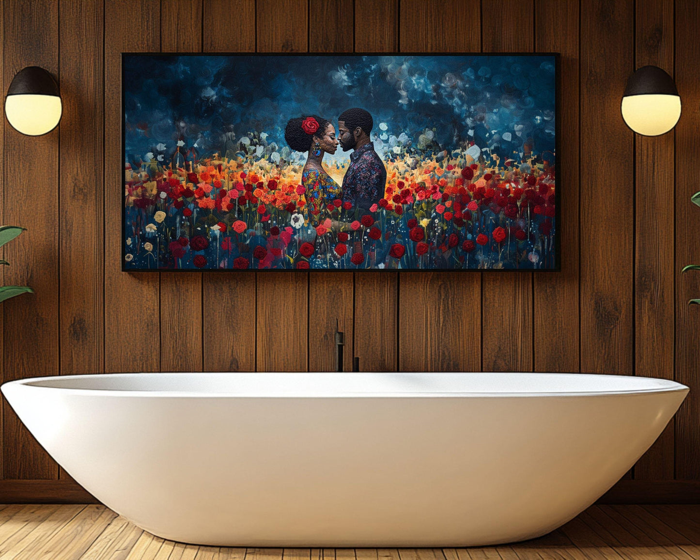 Quilted Black Couple with Roses Wall Art