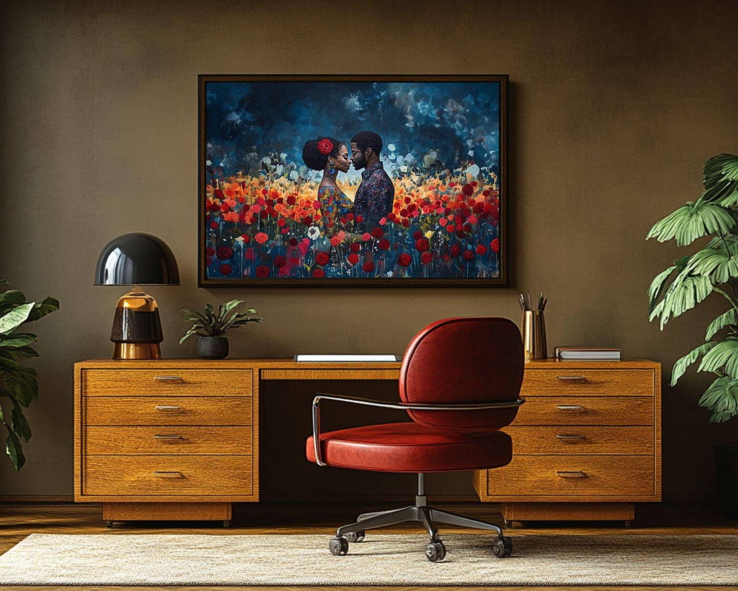 Quilted Black Couple with Roses Wall Art
