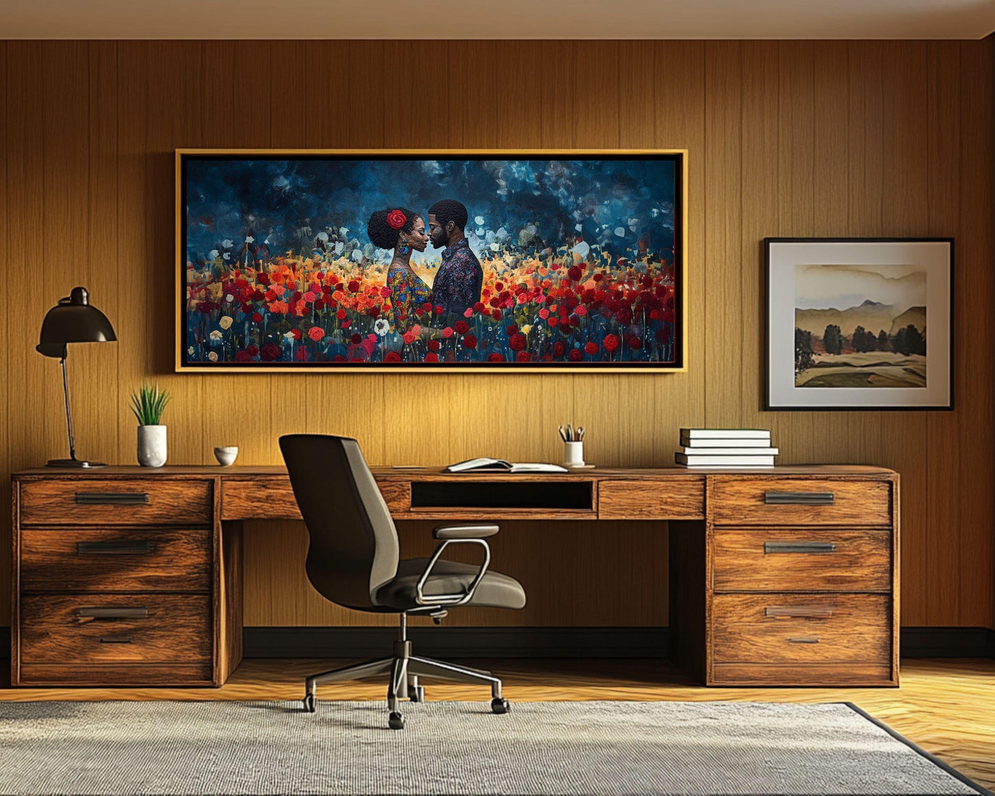 Quilted Black Couple with Roses Wall Art