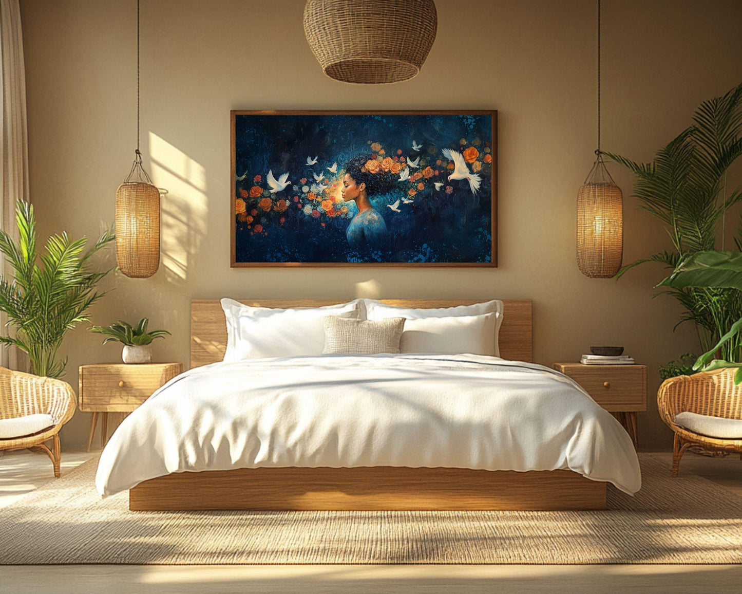 Midnight Bloom Wall Art – Black Goddess Canvas with Doves