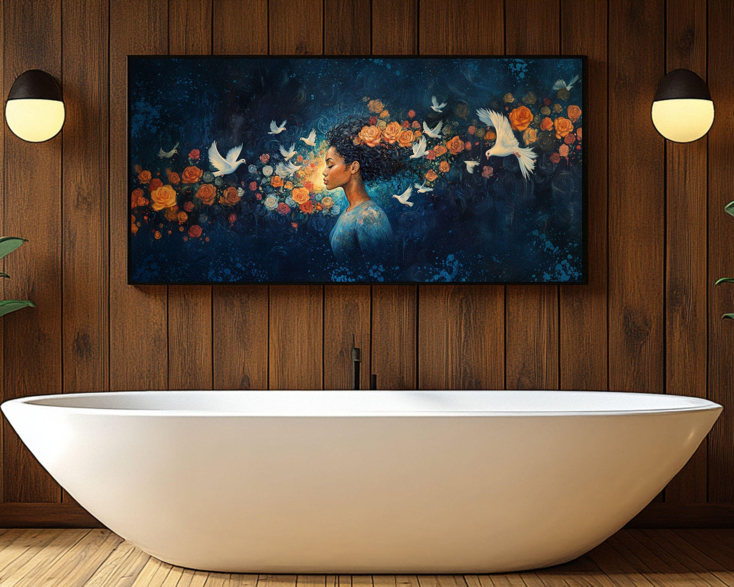Midnight Bloom Wall Art – Black Goddess Canvas with Doves