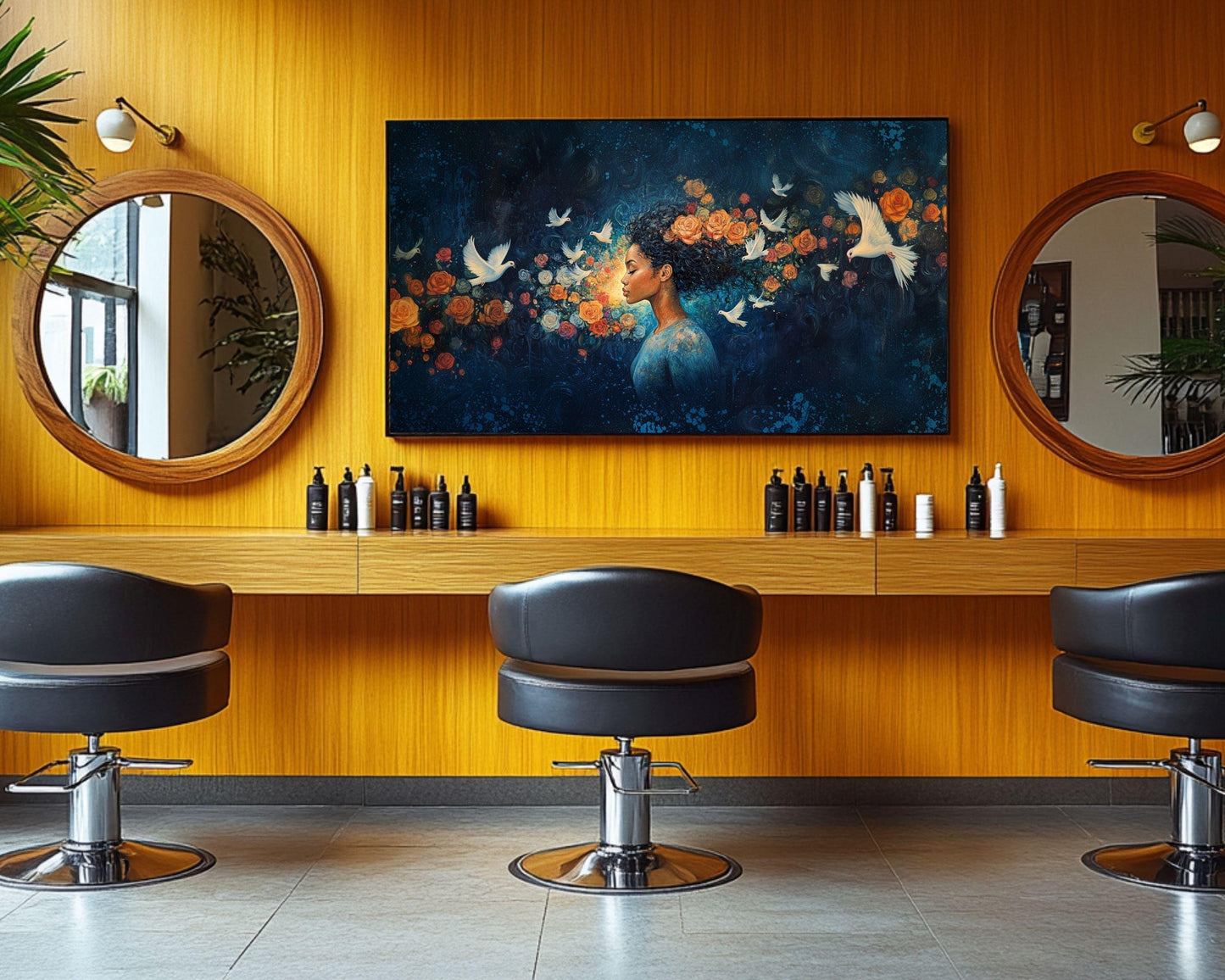 Midnight Bloom Wall Art – Black Goddess Canvas with Doves