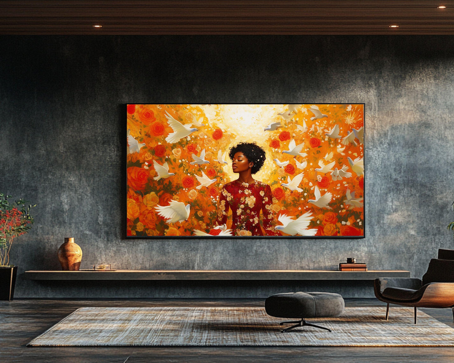 Golden Aura Wall Art – Black Goddess Canvas with Floral Glow