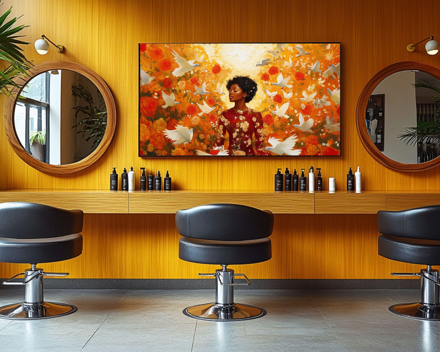 Golden Aura Wall Art – Black Goddess Canvas with Floral Glow