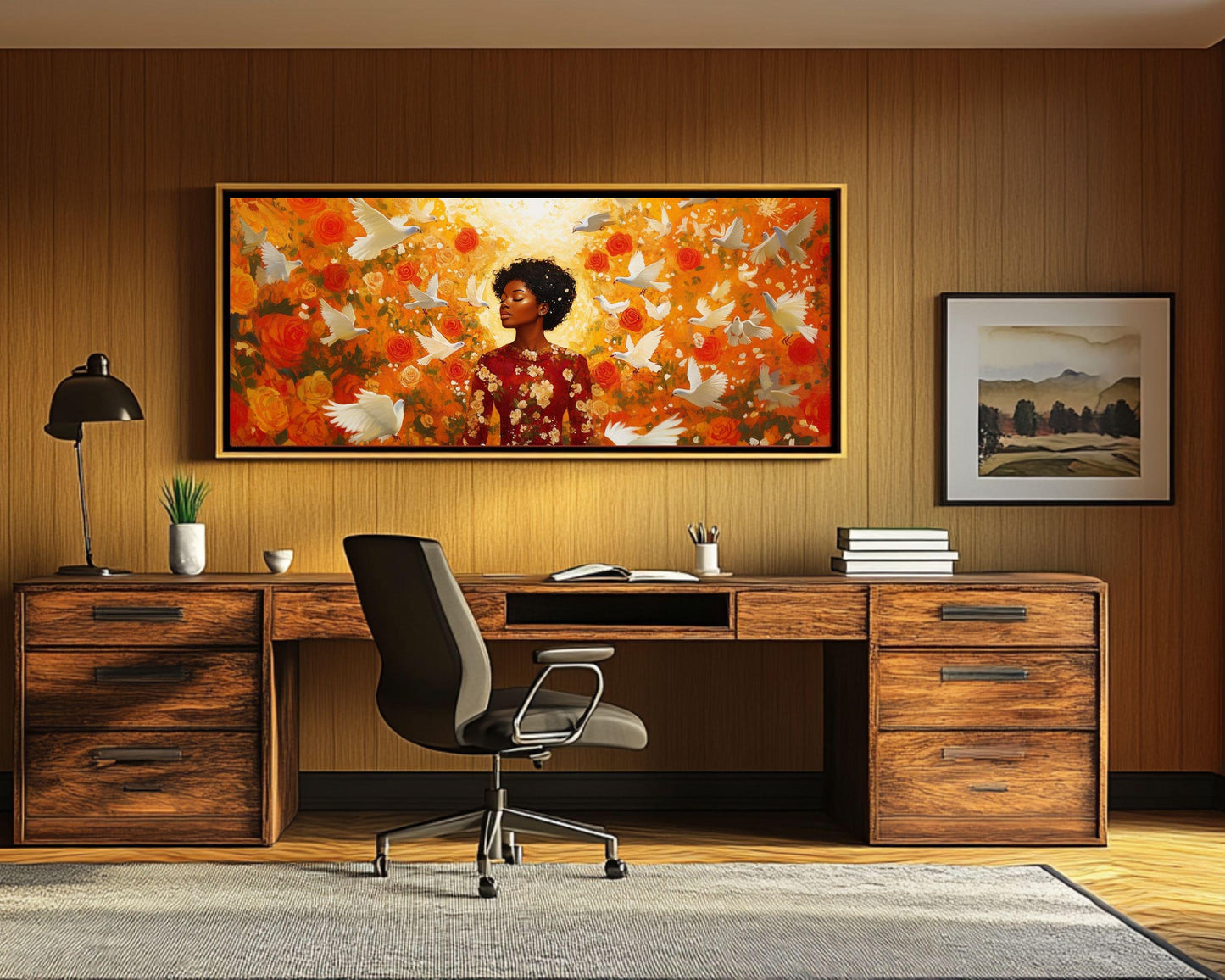 Golden Aura Wall Art – Black Goddess Canvas with Floral Glow