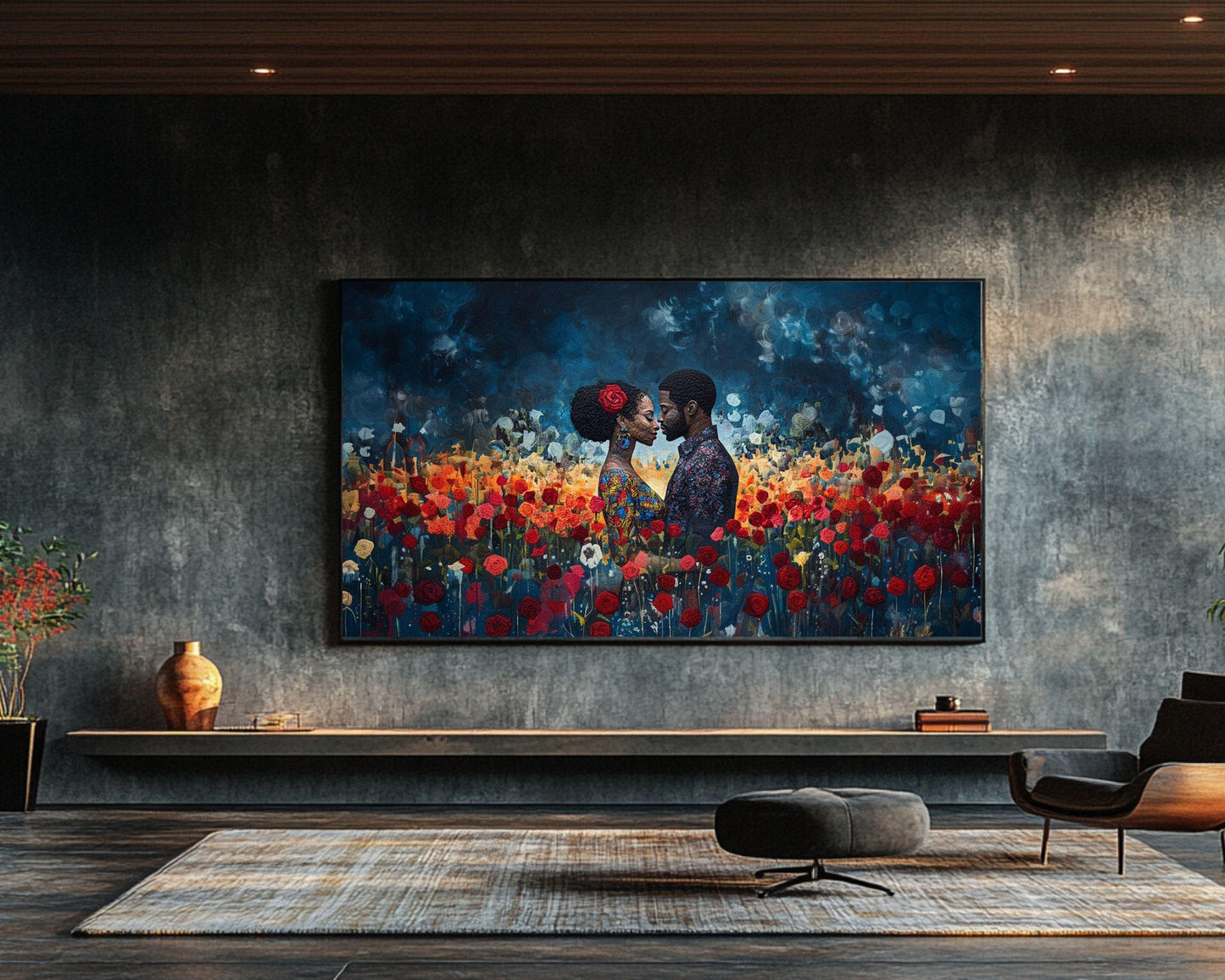 Quilted Black Couple with Roses Wall Art