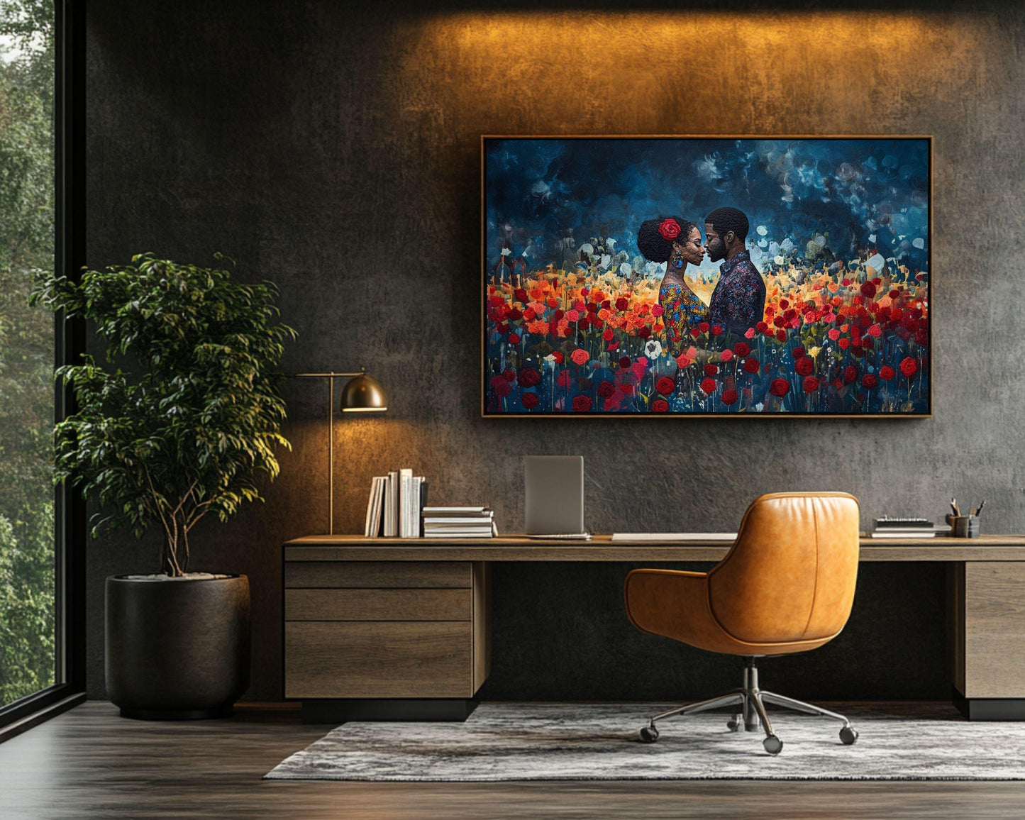Quilted Black Couple with Roses Wall Art