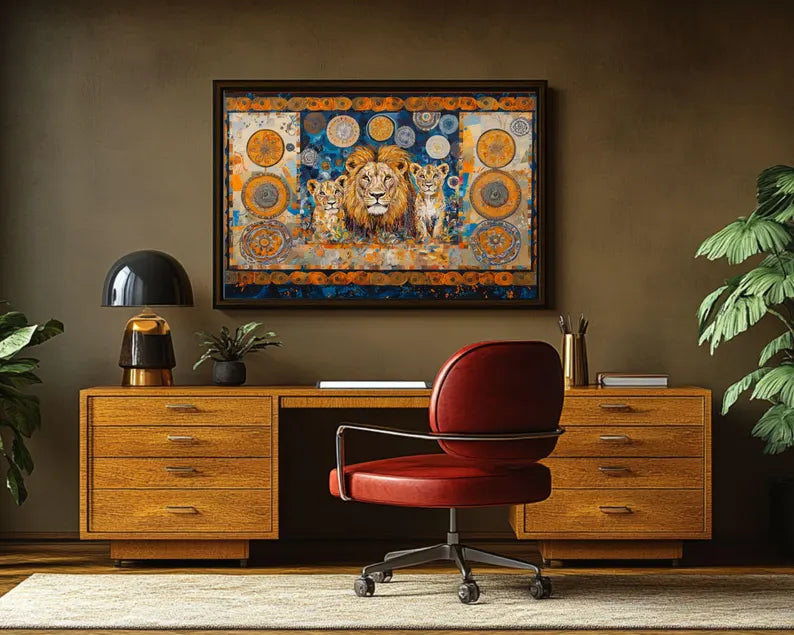Majestic lion family wall art with vibrant blue and orange background.