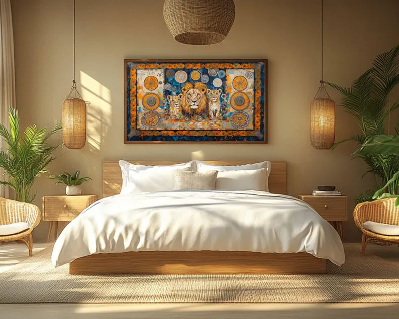 Colorful lion and cubs canvas print for bold animal-themed home decor.