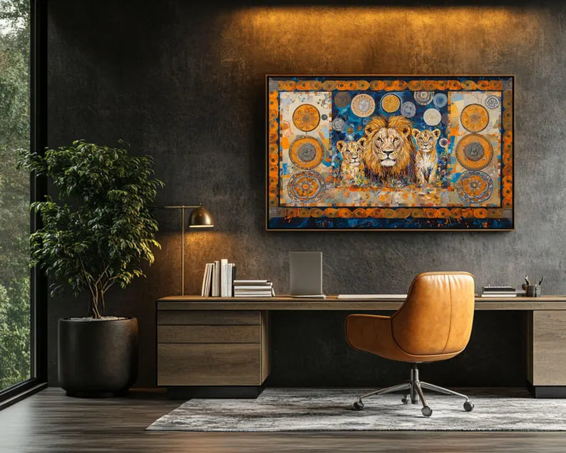Safari-inspired lion king wall art in vivid blue and gold hues.