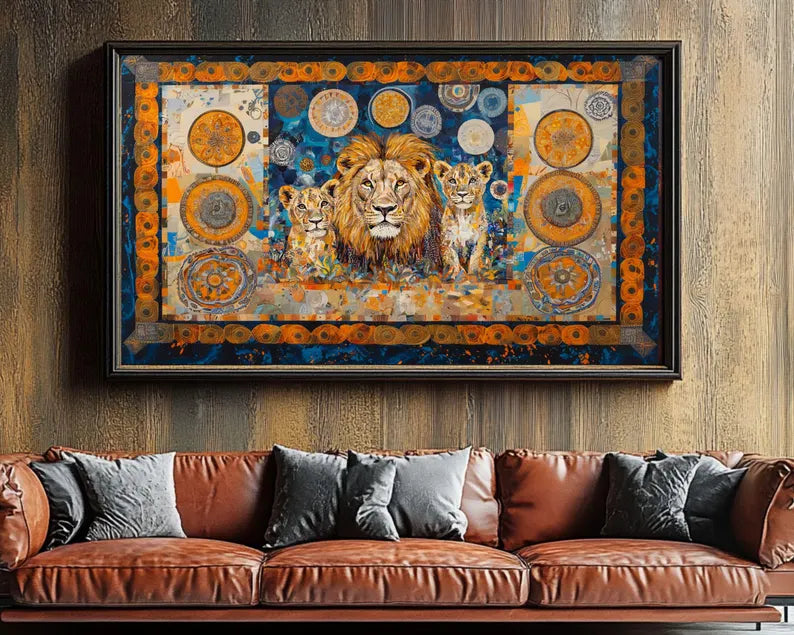 Vibrant African wildlife canvas featuring a lion with two cubs.