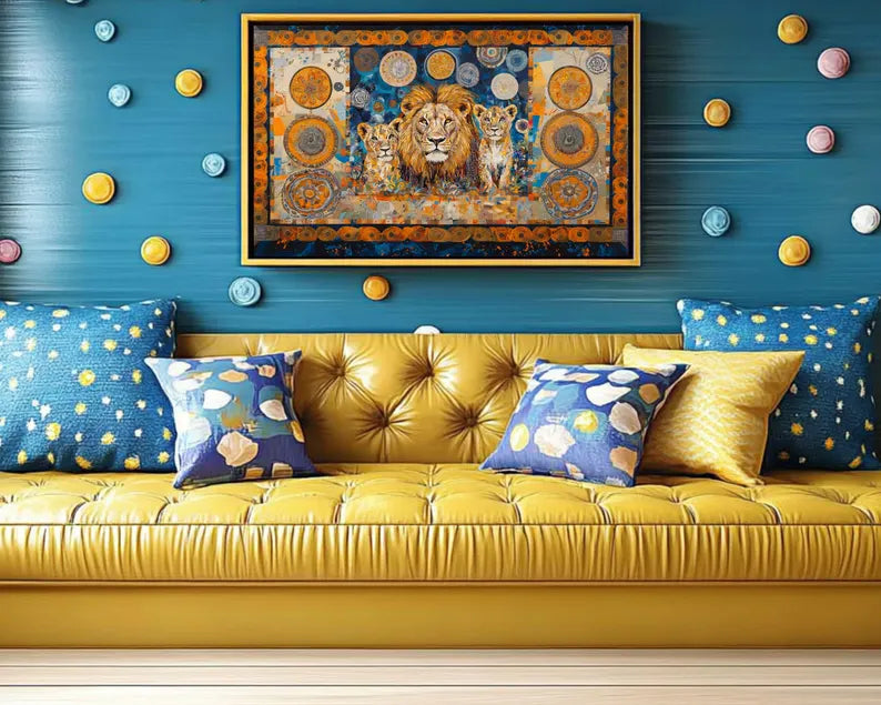 Artistic lion family portrait against cosmic night sky patterns.
