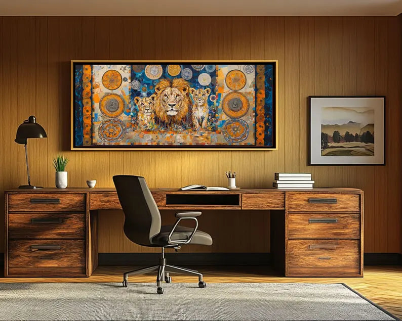Majestic lion and cubs canvas for living room, office, or gallery wall.