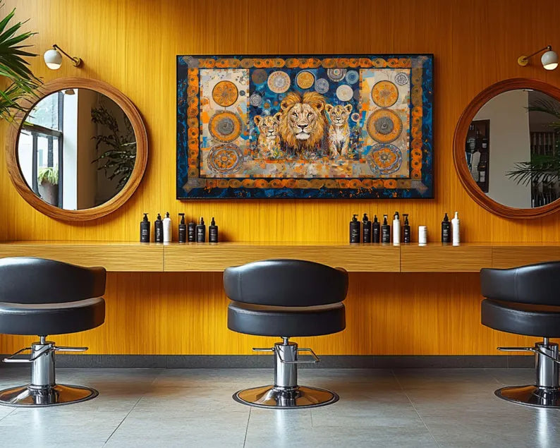 Tribal-inspired lion family artwork with powerful, colorful energy.