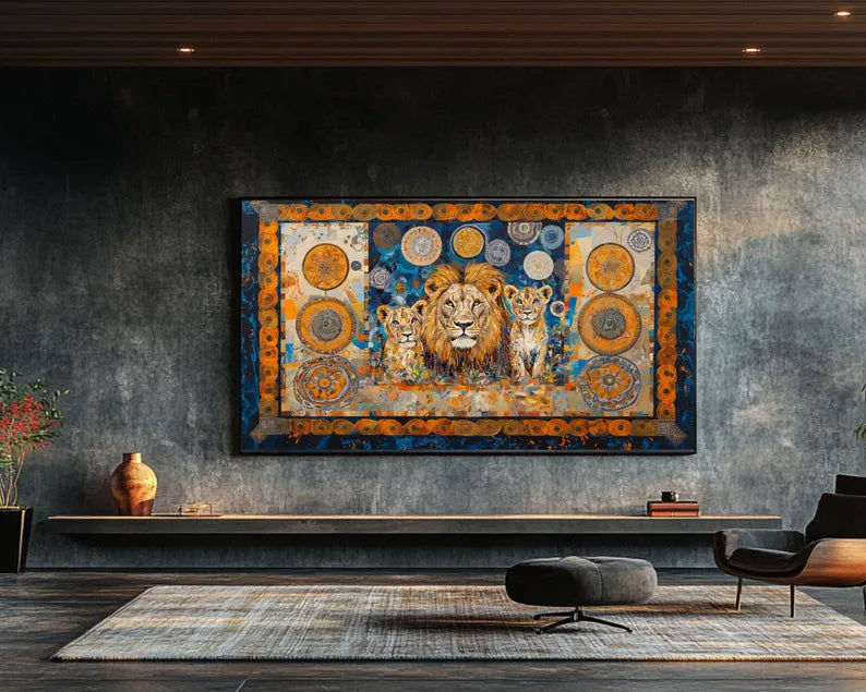 Roaring lion king and playful cubs in detailed textured art print.
