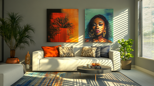 Modern living room featuring vibrant African American art prints that showcase Black culture and heritage.