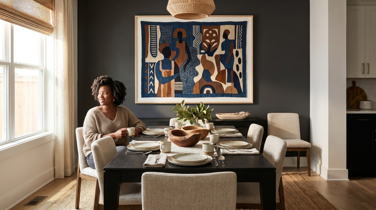 Editorial living room for African American Dining Room Wall Art Ideas with warm natural light and sophisticated contemporary styling.