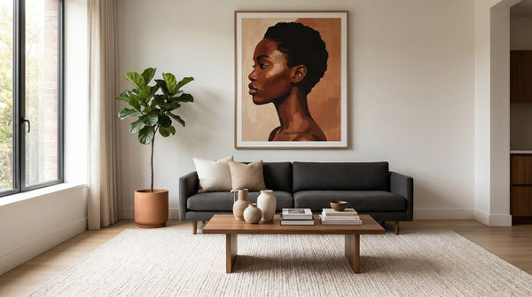 Editorial living room for African American Framed Wall Art for Elegant Interiors with warm natural light and sophisticated contemporary.