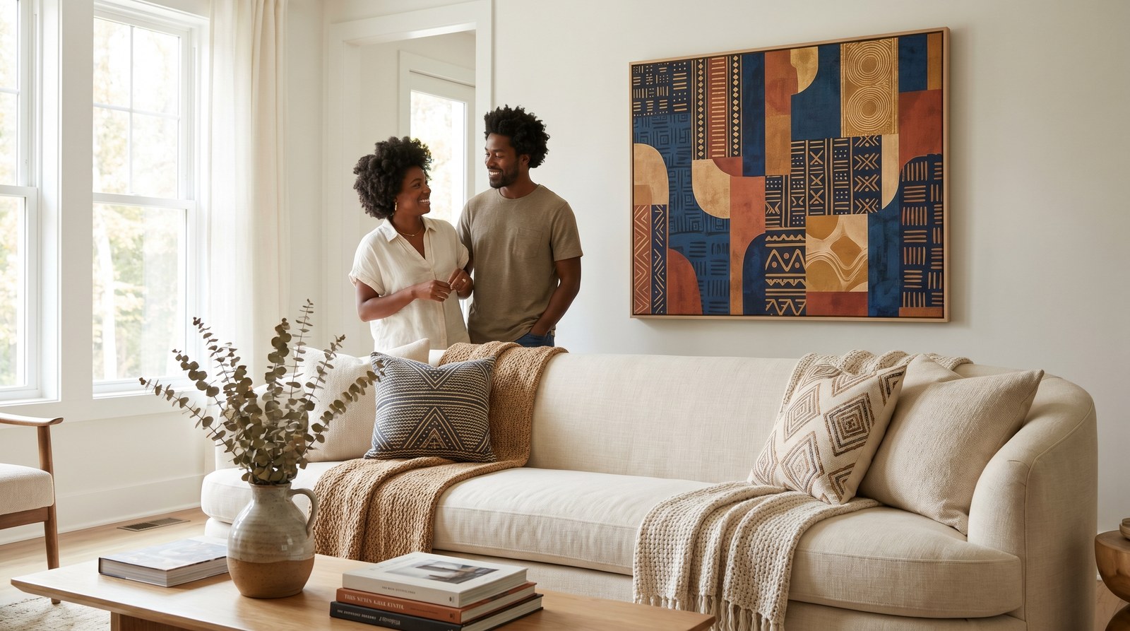 Editorial living room for African American Housewarming Gift Ideas with warm natural light and sophisticated contemporary styling.