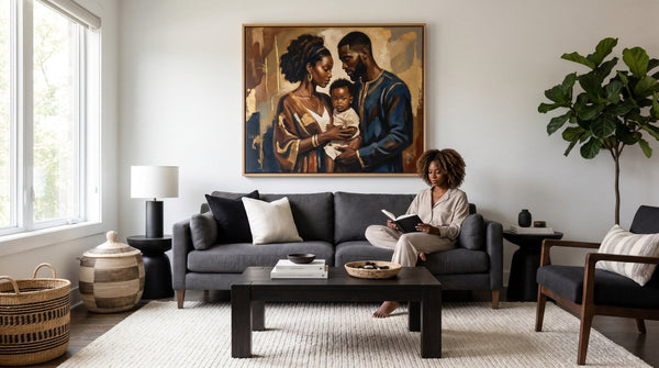 Editorial living room for African American Wall Art for Living Room Decor with warm natural light and sophisticated contemporary styling.